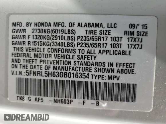 2016 Honda Odyssey EX-L with VIN 5FNRL5H63GB016354, listed as a Copart auction lot 44796235 with 169,581 mi miles and Salvage Title. Bid and sale history available at carsss.com. Image 15.