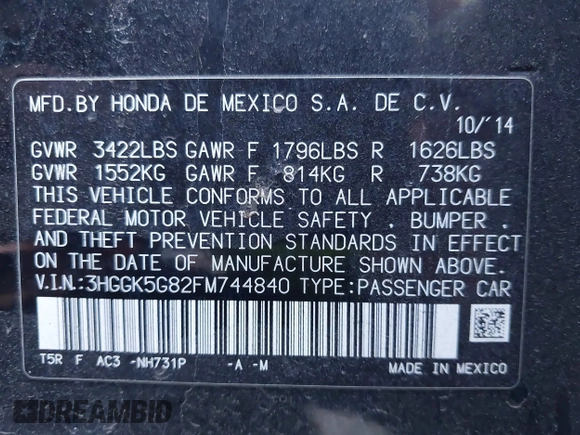 2015 Honda Fit EX with VIN 3HGGK5G82FM744840, listed as a IAAI auction lot 42138045 with 91,321 mi miles and . Bid and sale history available at DreamBid. Image 9.