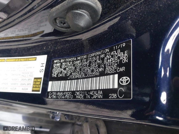 2020 Toyota Corolla Hybrid LE with VIN JTDEBRBE8LJ022596, listed as a IAAI auction lot 41772107 with 49,563 mi miles. Bid and sale history available at carsss.com. Image 9.