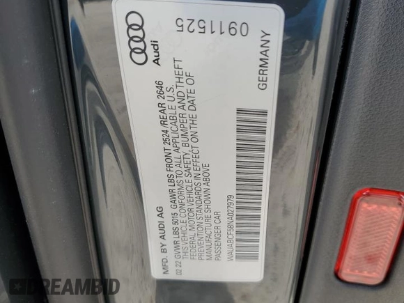 2022 Audi A5 Sportback Premium with VIN WAUABCF58NA027979, listed as a Copart auction lot 53130385 with 37,831 mi miles and Salvage Title. Bid and sale history available at carsss.com. Image 12.