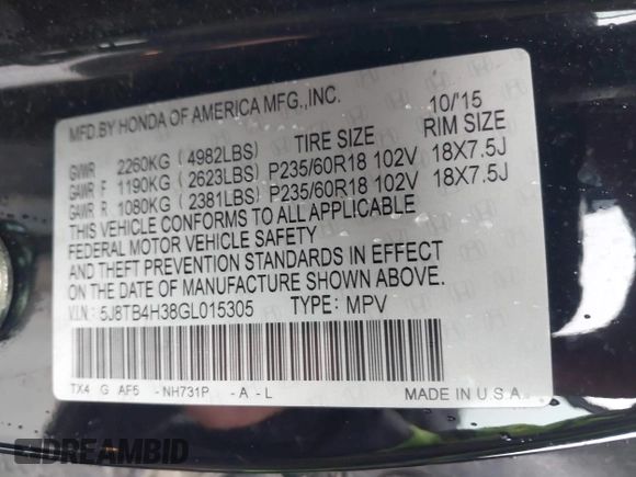 2016 Acura RDX with VIN 5J8TB4H38GL015305, listed as a IAAI auction lot 41672385 with 121,623 mi miles. Bid and sale history available at carsss.com. Image 9.