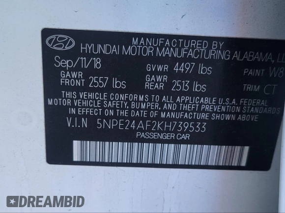 2019 Hyundai Sonata SE with VIN 5NPE24AF2KH739533, listed as a IAAI auction lot 41153663 with 22,829 mi miles and . Bid and sale history available at DreamBid. Image 9.