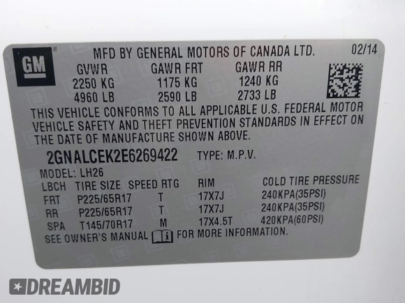2014 Chevrolet Equinox LT with VIN 2GNALCEK2E6269422, listed as a IAAI auction lot 42214408 with 202,870 mi miles and . Bid and sale history available at DreamBid. Image 9.