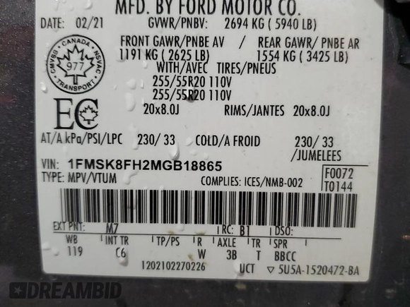 2021 Ford Explorer Limited with VIN 1FMSK8FH2MGB18865, listed as a Copart auction lot 65495945 with 90,742 mi miles and Salvage title. Bid and sale history available at DreamBid. Image 13.