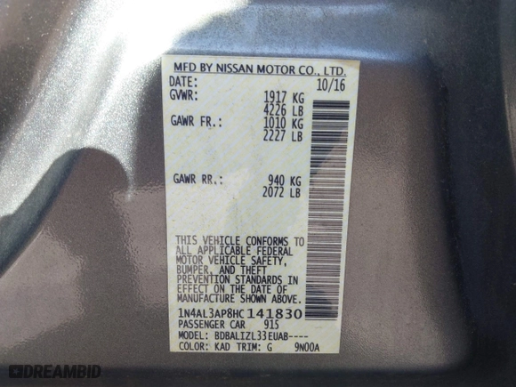 2017 Nissan Altima 2.5 SR with VIN 1N4AL3AP8HC141830, listed as a IAAI auction lot 41948607 with 103,509 mi miles. Bid and sale history available at carsss.com. Image 9.