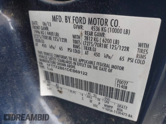 2013 Ford F-250 XL with VIN 1FT7X2B61DEB69122, listed as a IAAI auction lot 42361265 with 499,007 mi miles and . Bid and sale history available at DreamBid. Image 9.
