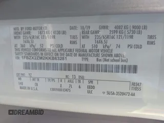 2019 Ford Transit Passenger XL z VIN 1FBZX2ZM2KKB63281, wystawiony jako IAAI lot #41859263 z przebiegiem 39 294 mil mil oraz . Historia ofert i sprzedaży dostępna na DreamBid. Obrazek 9.