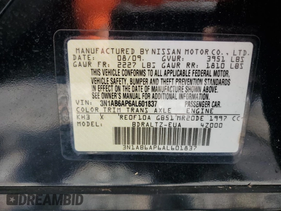 2010 Nissan Sentra S with VIN 3N1AB6AP6AL601837, listed as a Copart auction lot 62830345 with 220,857 mi miles and Salvage title. Bid and sale history available at DreamBid. Image 13.