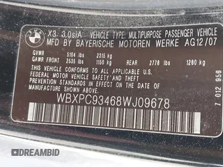 2008 BMW X3 3.0si with VIN WBXPC93468WJ09678, listed as a IAAI auction lot 41842680 with 156,545 mi miles and . Bid and sale history available at DreamBid. Image 9.