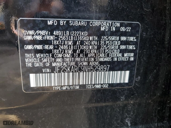 2022 Subaru Forester Touring with VIN JF2SKARC9NH529897, listed as a Copart auction lot 68117264 with 33,469 mi miles and Salvage Title. Bid and sale history available at carsss.com. Image 13.