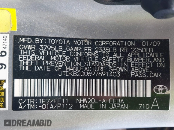 2009 Toyota Prius with VIN JTDKB20U697891403, listed as a IAAI auction lot 42091784 with 193,319 mi miles. Bid and sale history available at carsss.com. Image 9.