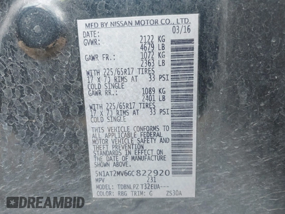 2016 Nissan Rogue SL with VIN 5N1AT2MV6GC822920, listed as a IAAI auction lot 42079972 with 91,100 mi miles and . Bid and sale history available at DreamBid. Image 9.