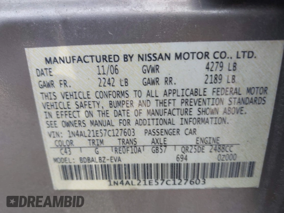 2007 Nissan Altima 2.5 S with VIN 1N4AL21E57C127603, listed as a IAAI auction lot 41771852 with 1 mi miles. Bid and sale history available at carsss.com. Image 9.