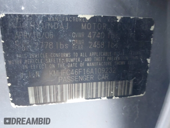 2006 Hyundai Azera SE with VIN KMHFC46F16A109232, listed as a IAAI auction lot 40932728 with 210,300 mi miles and . Bid and sale history available at DreamBid. Image 9.