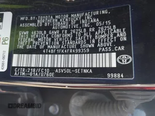 2015 Toyota Camry XLE with VIN 4T4BF1FK4FR499359, listed as a IAAI auction lot 41893619 with 1 mi miles. Bid and sale history available at carsss.com. Image 9.