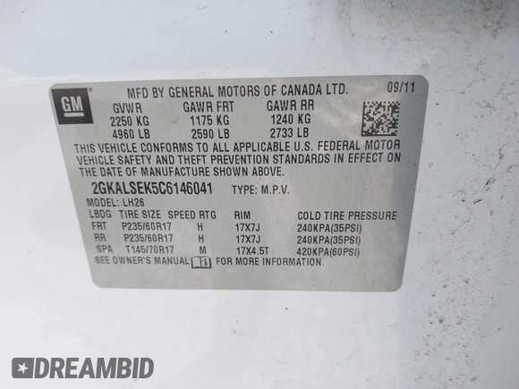 2012 GMC Terrain SLE-2 with VIN 2GKALSEK5C6146041, listed as a IAAI auction lot 42333273 with 160,400 mi miles and . Bid and sale history available at DreamBid. Image 9.