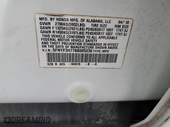 2011 Honda Pilot EX-L with VIN 5FNYF3H77BB005236, listed as a Copart auction lot 47401105 with 255,920 mi miles and Salvage Title. Bid and sale history available at DreamBid. Image 13.