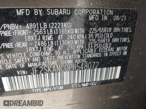 2023 Subaru Forester Limited with VIN JF2SKANC0PH548072, listed as a IAAI auction lot 42148382 with 22,315 mi miles and . Bid and sale history available at DreamBid. Image 9.