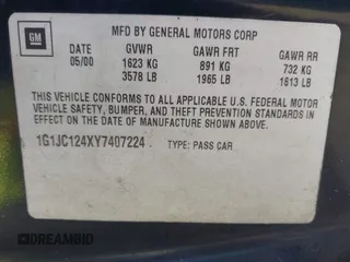 2000 Chevrolet Cavalier with VIN 1G1JC124XY7407224, listed as a IAAI auction lot 41797121 with 308,259 mi miles and . Bid and sale history available at DreamBid. Image 9.