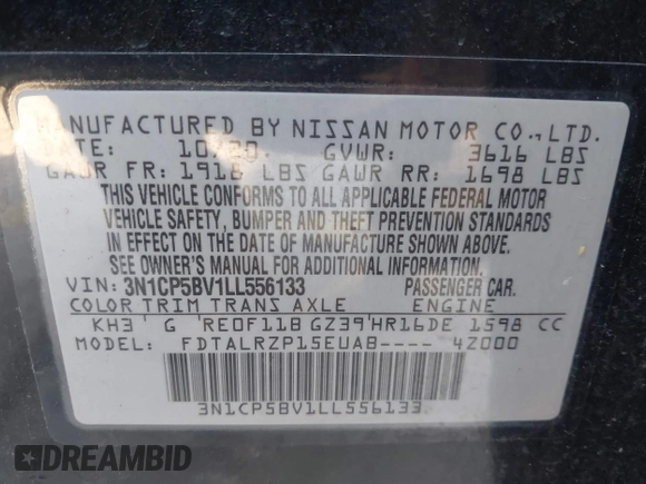 2020 Nissan Kicks S z VIN 3N1CP5BV1LL556133, wystawiony jako IAAI lot #40462262 z przebiegiem 39 750 mil mil oraz . Historia ofert i sprzedaży dostępna na DreamBid. Obrazek 9.