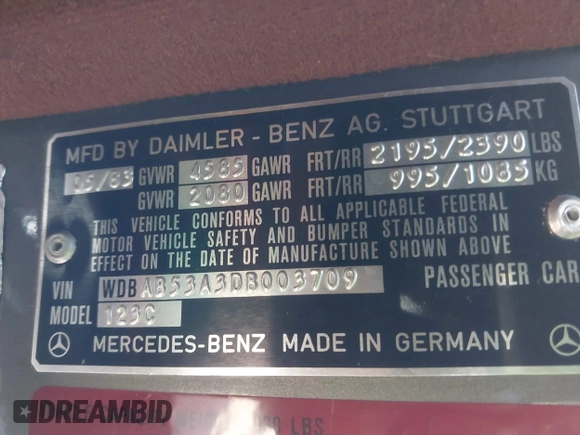 1983 Mercedes-Benz 300 with VIN WDBAB53A3DB003709, listed as a IAAI auction lot 41662930 with 301,467 mi miles and . Bid and sale history available at DreamBid. Image 9.