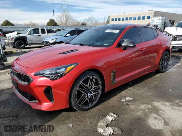 2023 Kia Stinger GT2 with VIN KNAE55LC4P6133603, listed as a Copart auction lot 43365515 with 16,598 mi miles and Salvage Title. Bid and sale history available at carsss.com. Image 1.