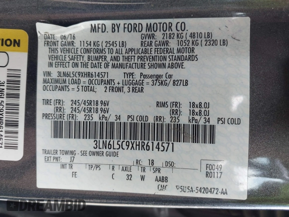 2017 Lincoln MKZ Select with VIN 3LN6L5C9XHR614571, listed as a IAAI auction lot 41785682 with 124,941 mi miles. Bid and sale history available at carsss.com. Image 9.