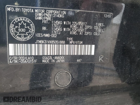 2008 Toyota RAV4 Limited with VIN JTMBK31VX85051888, listed as a Copart auction lot 61456945 with 228,803 mi miles and Salvage title. Bid and sale history available at DreamBid. Image 14.