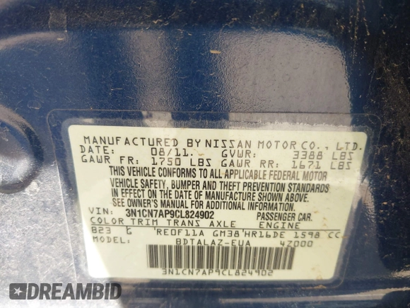2012 Nissan Versa S z VIN 3N1CN7AP9CL824902, wystawiony jako IAAI lot #42773826 z przebiegiem 124 273 mil mil oraz . Historia ofert i sprzedaży dostępna na DreamBid. Obrazek 9.