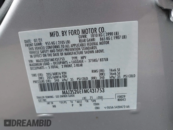 2021 Ford EcoSport SE z VIN MAJ3S2GE1MC431753, wystawiony jako IAAI lot #42570965 z przebiegiem 32 922 mil mil oraz . Historia ofert i sprzedaży dostępna na DreamBid. Obrazek 9.