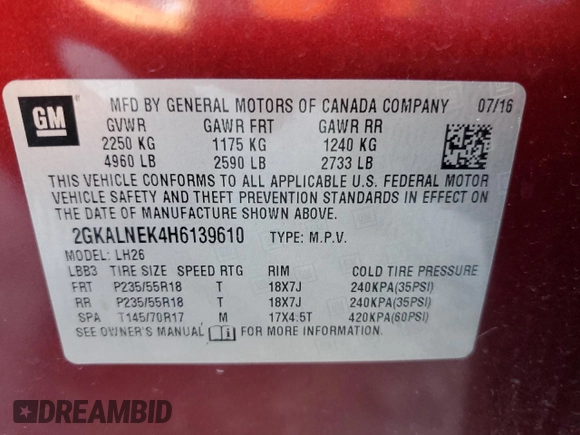 2017 GMC Terrain SLE with VIN 2GKALNEK4H6139610, listed as a Copart auction lot 47747585 with 58,640 mi miles and Salvage Title. Bid and sale history available at carsss.com. Image 14.