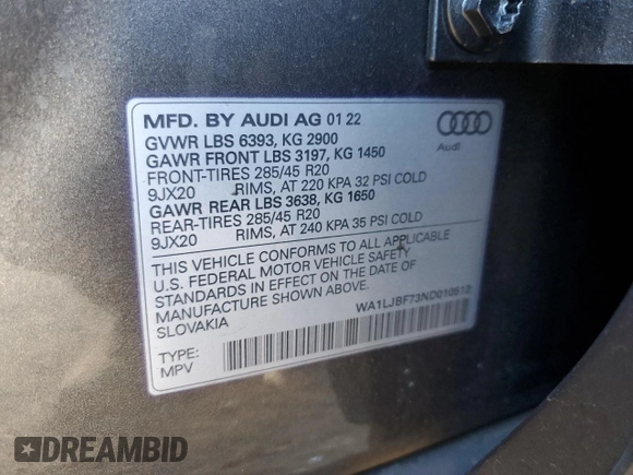 2022 Audi Q7 Premium Plus with VIN WA1LJBF73ND010512, listed as a Copart auction lot 84026954 with 17,385 mi miles and Salvage title. Bid and sale history available at DreamBid. Image 13.