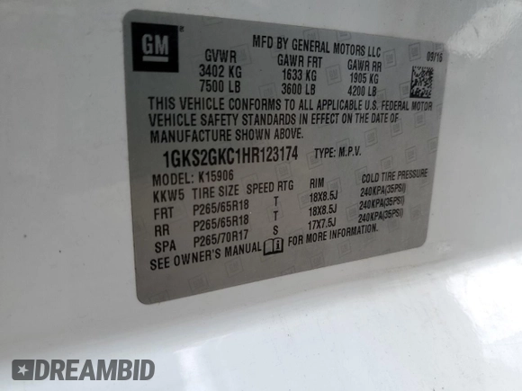 2017 GMC Yukon XL SLT with VIN 1GKS2GKC1HR123174, listed as a Copart auction lot 50759325 with 178,383 mi miles and Salvage Title. Bid and sale history available at carsss.com. Image 14.