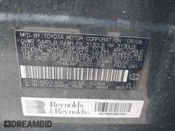2007 Lexus LS 460 with VIN JTHBL46F275001956, listed as a IAAI auction lot 42298753 with Not provided miles and . Bid and sale history available at DreamBid. Image 9.