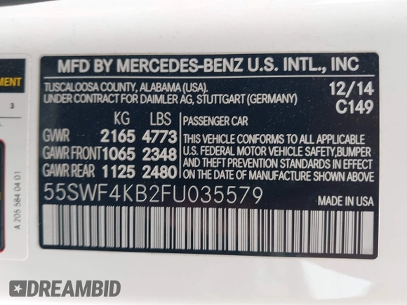 2015 Mercedes-Benz C-Class C 300 Luxury with VIN 55SWF4KB2FU035579, listed as a IAAI auction lot 42034880 with 191,819 mi miles. Bid and sale history available at carsss.com. Image 9.