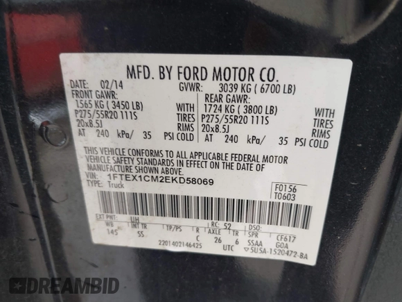 2014 Ford F-150 XL z VIN 1FTEX1CM2EKD58069, wystawiony jako IAAI lot #41783390 z przebiegiem 181 398 mil mil oraz . Historia ofert i sprzedaży dostępna na DreamBid. Obrazek 9.