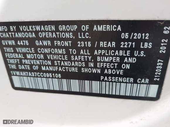 2012 Volkswagen Passat S w/Appearance with VIN 1VWAH7A37CC095106, listed as a IAAI auction lot 41812658 with 173,867 mi miles. Bid and sale history available at carsss.com. Image 9.