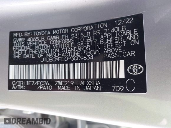 2023 Toyota Corolla Hybrid LE with VIN JTDBCMFE0P3009834, listed as a IAAI auction lot 41776305 with 35,222 mi miles. Bid and sale history available at carsss.com. Image 9.