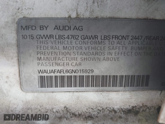 2016 Audi A4 Premium с VIN WAUAFAFL6GN015929, выставлен на аукционе IAAI как лот 41889476 с пробегом 165 184 миль миль и . История ставок и продаж доступна на DreamBid. Изображение 9.