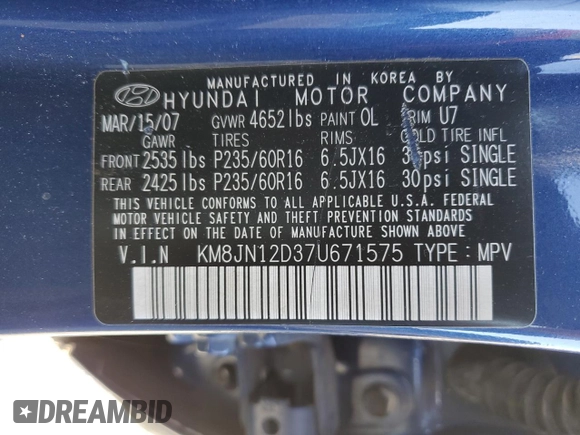 2007 Hyundai Tucson SE with VIN KM8JN12D37U671575, listed as a Copart auction lot 75010934 with 160,661 mi miles and Salvage Title. Bid and sale history available at carsss.com. Image 12.