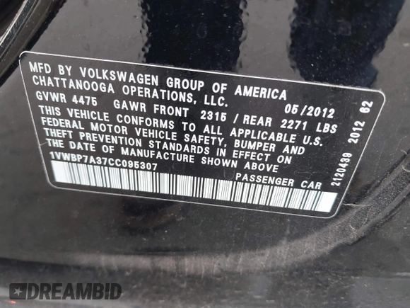 2012 Volkswagen Passat SE с VIN 1VWBP7A37CC095307, выставлен на аукционе IAAI как лот 42123857 с пробегом 140 041 миль миль и . История ставок и продаж доступна на DreamBid. Изображение 9.