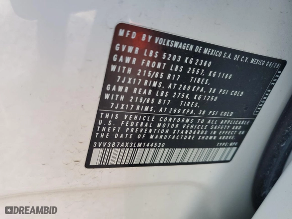 2020 Volkswagen Tiguan SE with VIN 3VV3B7AX3LM144530, listed as a Copart auction lot 46449705 with 33,487 mi miles and Salvage Title. Bid and sale history available at carsss.com. Image 13.