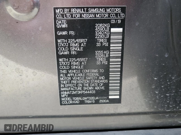 2019 Nissan Rogue SV with VIN KNMAT2MT3KP544403, listed as a Copart auction lot 51637385 with 105,216 mi miles and Non Repairable. Bid and sale history available at carsss.com. Image 13.