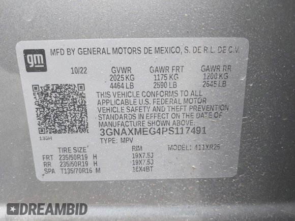 2023 Chevrolet Equinox RS with VIN 3GNAXMEG4PS117491, listed as a IAAI auction lot 39937789 with 47,899 mi miles. Bid and sale history available at carsss.com. Image 9.