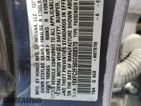 2016 Honda Civic Sedan LX with VIN 19XFC2F50GE008570, listed as a Copart auction lot 52516505 with 193,637 mi miles and Salvage Title. Bid and sale history available at carsss.com. Image 12.