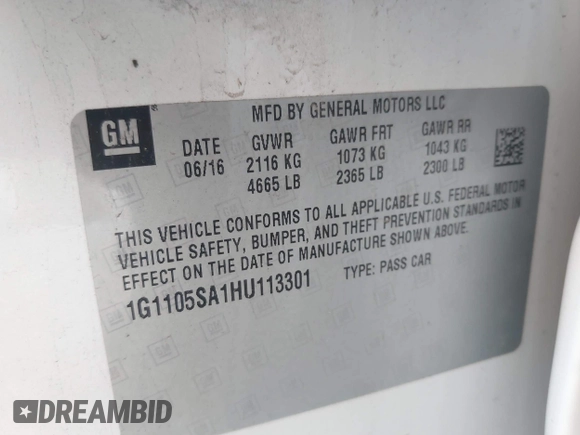 2017 Chevrolet Impala LT with VIN 1G1105SA1HU113301, listed as a IAAI auction lot 41795361 with 172,297 mi miles and . Bid and sale history available at DreamBid. Image 9.