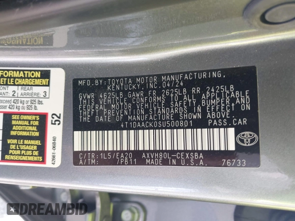 2025 Toyota Camry LE z VIN 4T1DAACK0SU500801, wystawiony jako IAAI lot #42123753 z przebiegiem 11 742 mil mil oraz . Historia ofert i sprzedaży dostępna na DreamBid. Obrazek 9.