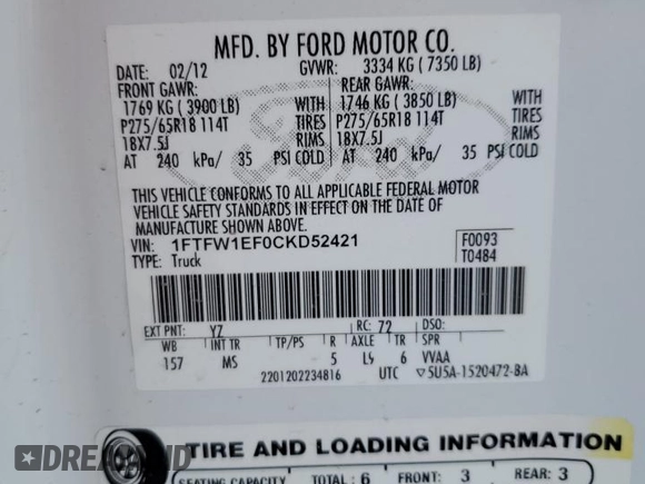 2012 Ford F-150 XL with VIN 1FTFW1EF0CKD52421, listed as a Copart auction lot 44705125 with 122,054 mi miles and Salvage Title. Bid and sale history available at carsss.com. Image 14.