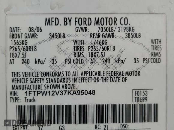 2007 Ford F-150 XLT with VIN 1FTPW12V37KA95048, listed as a Copart auction lot 59887575 with 182,669 mi miles and Salvage title. Bid and sale history available at DreamBid. Image 13.