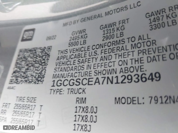 2022 Chevrolet Colorado 2WD LT with VIN 1GCGSCEA7N1293649, listed as a IAAI auction lot 41257494 with 110,905 mi miles. Bid and sale history available at carsss.com. Image 9.